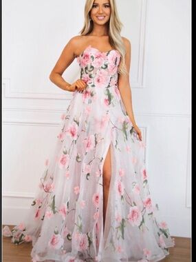 Romantic Strapless Pink Floral Gown with Sweetheart Neckline